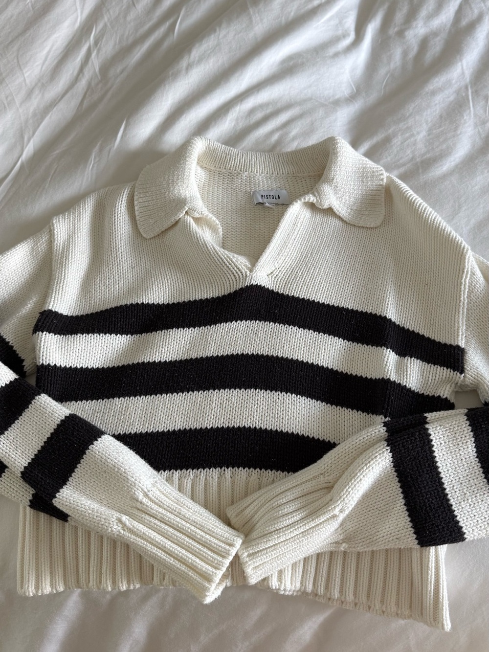 pistola Cream & Black Striped Collared Knit Pullover